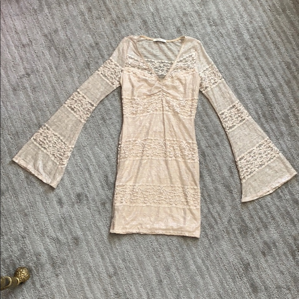 Stretch Lace Bell Long Sleeve Cream & Silver Dress